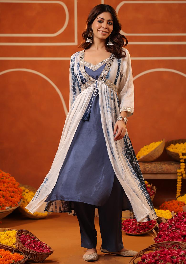 Indigo Embroidered Chanderi Silk Salwar Suit With Jacket - Indya