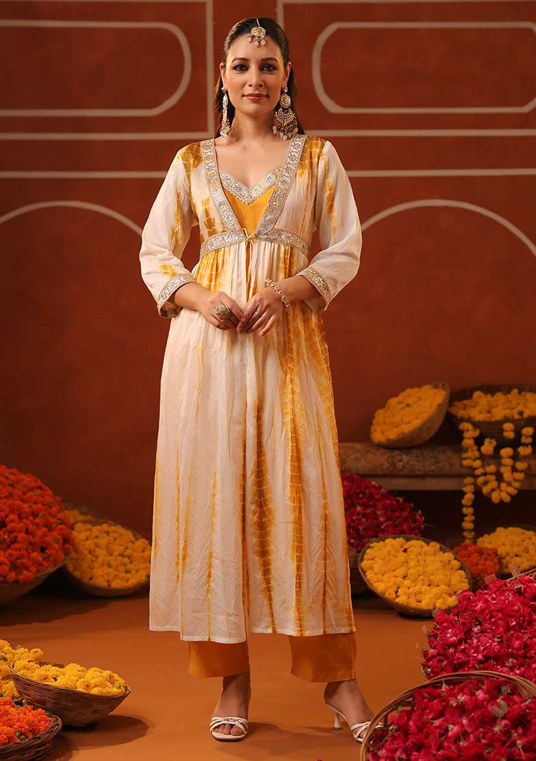Mustard Tie And Dye Silk Blend A Line Kurta Set - Indya