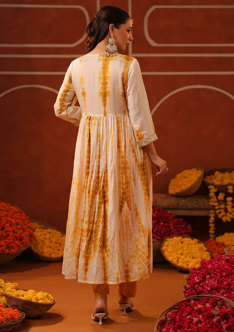 Mustard Tie And Dye Silk Blend A Line Kurta Set - Indya