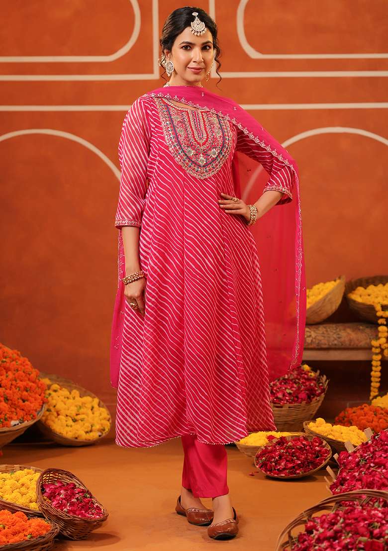 Fuchsia Striped Georgette A Line Kurta Set - Indya