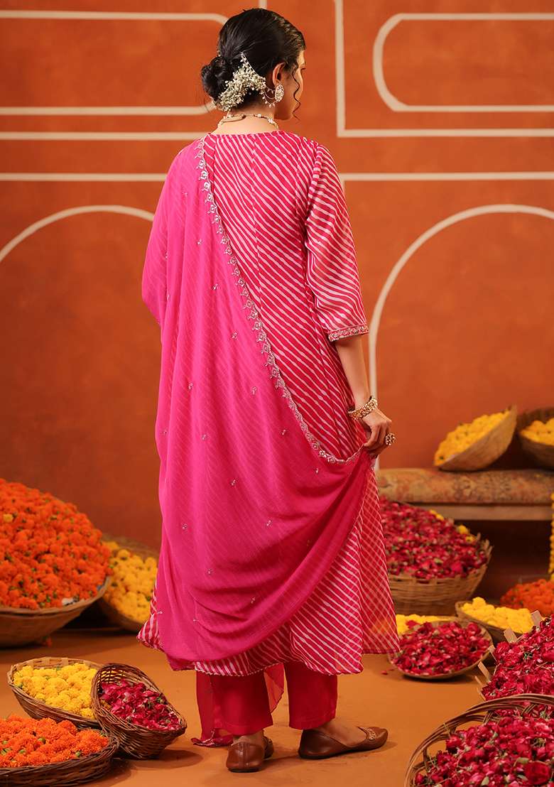 Fuchsia Striped Georgette A Line Kurta Set - Indya