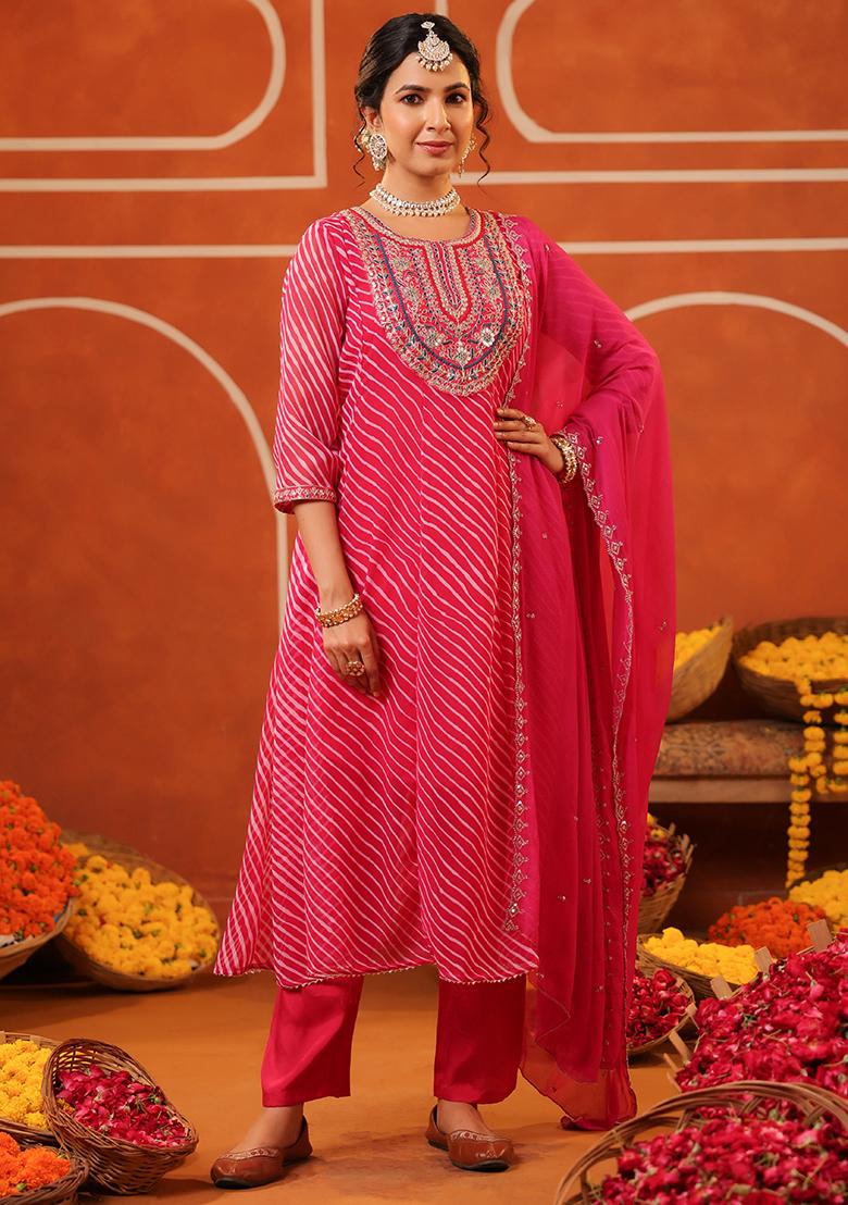 Fuchsia Embroidered Georgette Anarkali Set With Dupatta - Indya
