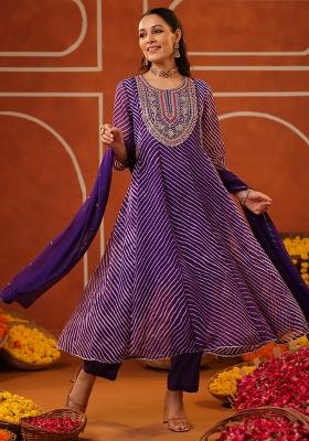 Purple Embroidered Georgette Anarkali Set With Dupatta