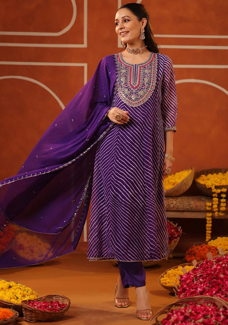 Purple Embroidered Georgette Anarkali Set With Dupatta - Indya