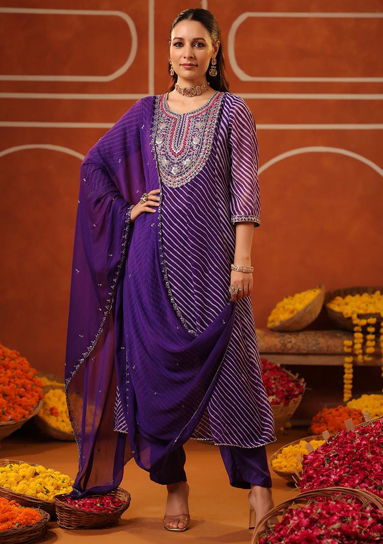 Purple Embroidered Georgette Anarkali Set With Dupatta - Indya