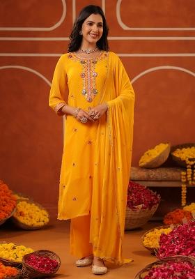 Mustard Embroidered Georgette Kurta Set With Dupatta