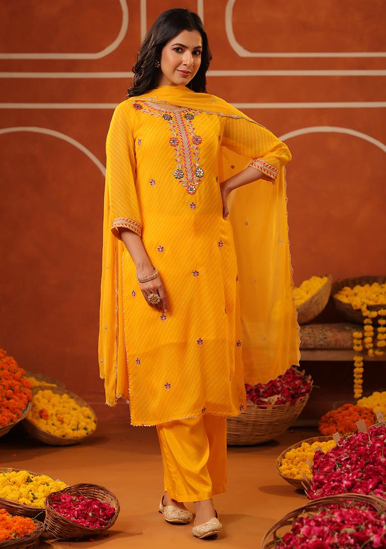 Mustard Embroidered Georgette Kurta Set With Dupatta - Indya