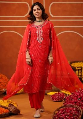 Red Embroidered Georgette Kurta Set With Dupatta