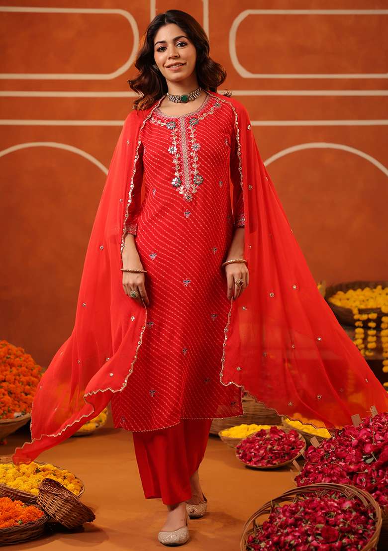 Red Embroidered Georgette Straight Kurta Set - Indya