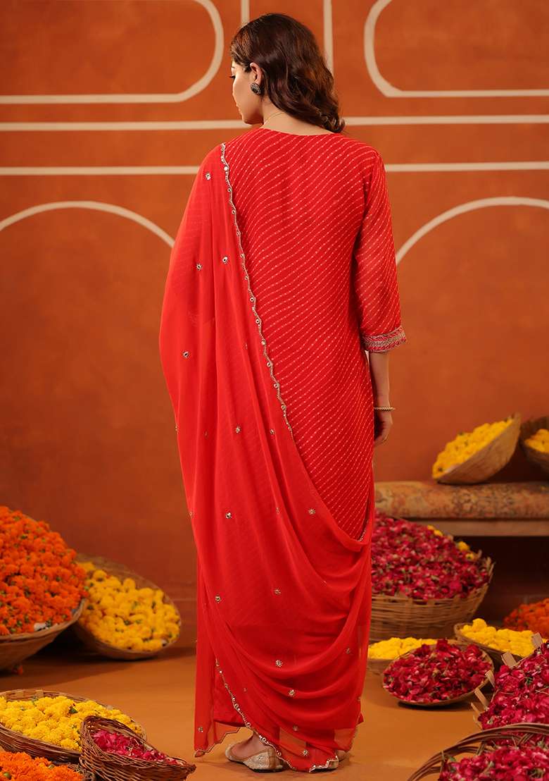 Red Embroidered Georgette Straight Kurta Set - Indya