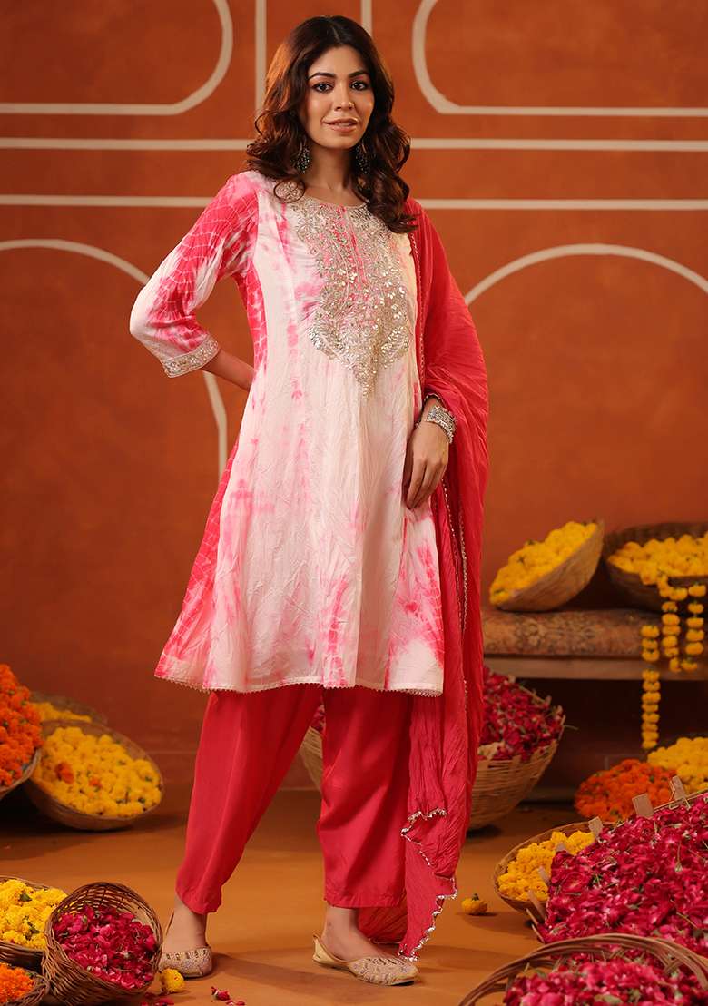Fuchsia Tie And Dye Silk Blend Punjabi Suit - Indya