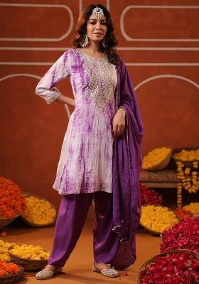 Purple Embroidered Chanderi Silk Anarkali Set With Dupatta
