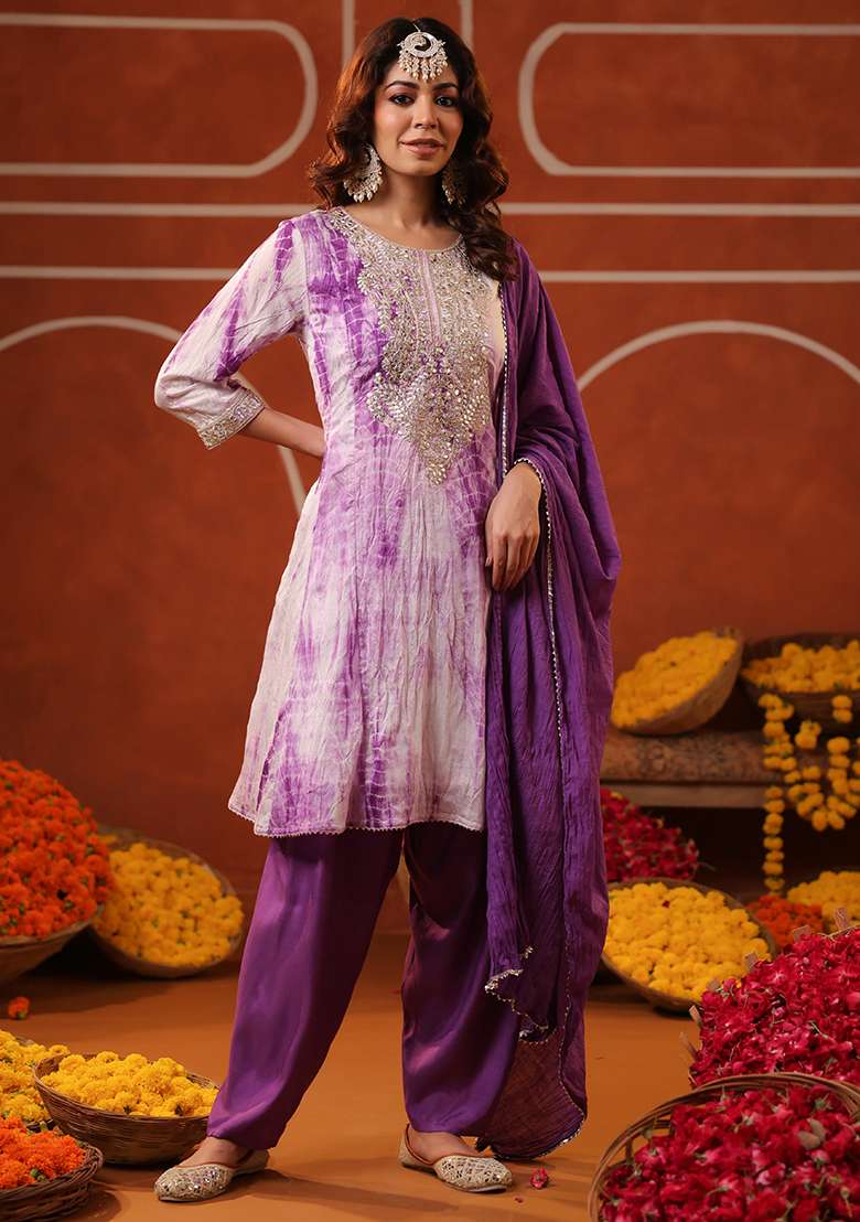Purple Tie And Dye Silk Blend Punjabi Suit - Indya