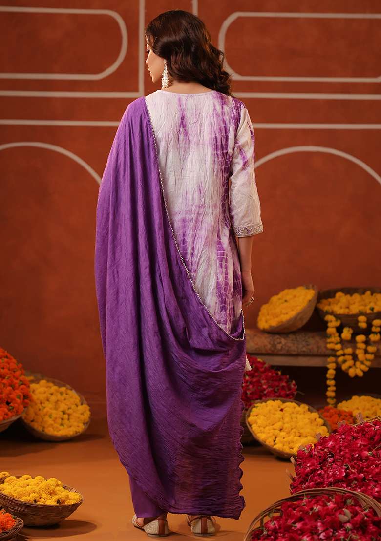 Purple Tie And Dye Silk Blend Punjabi Suit - Indya