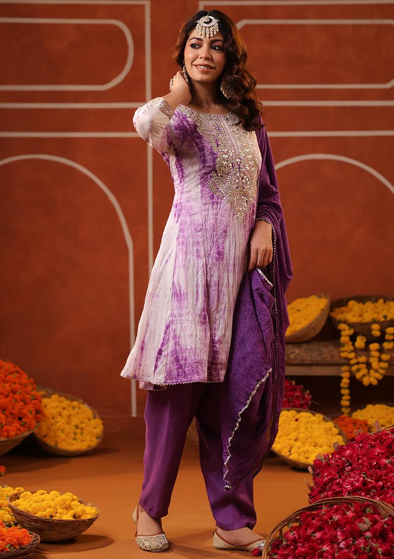 Purple Embroidered Chanderi Silk Anarkali Set With Dupatta - Indya