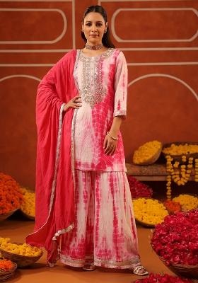 Fuchsia Embroidered Chanderi Silk Sharara Set With Dupatta
