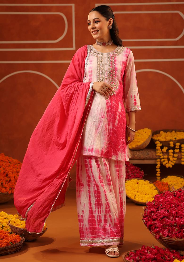 Fuchsia Embroidered Chanderi Silk Sharara Set With Dupatta - Indya