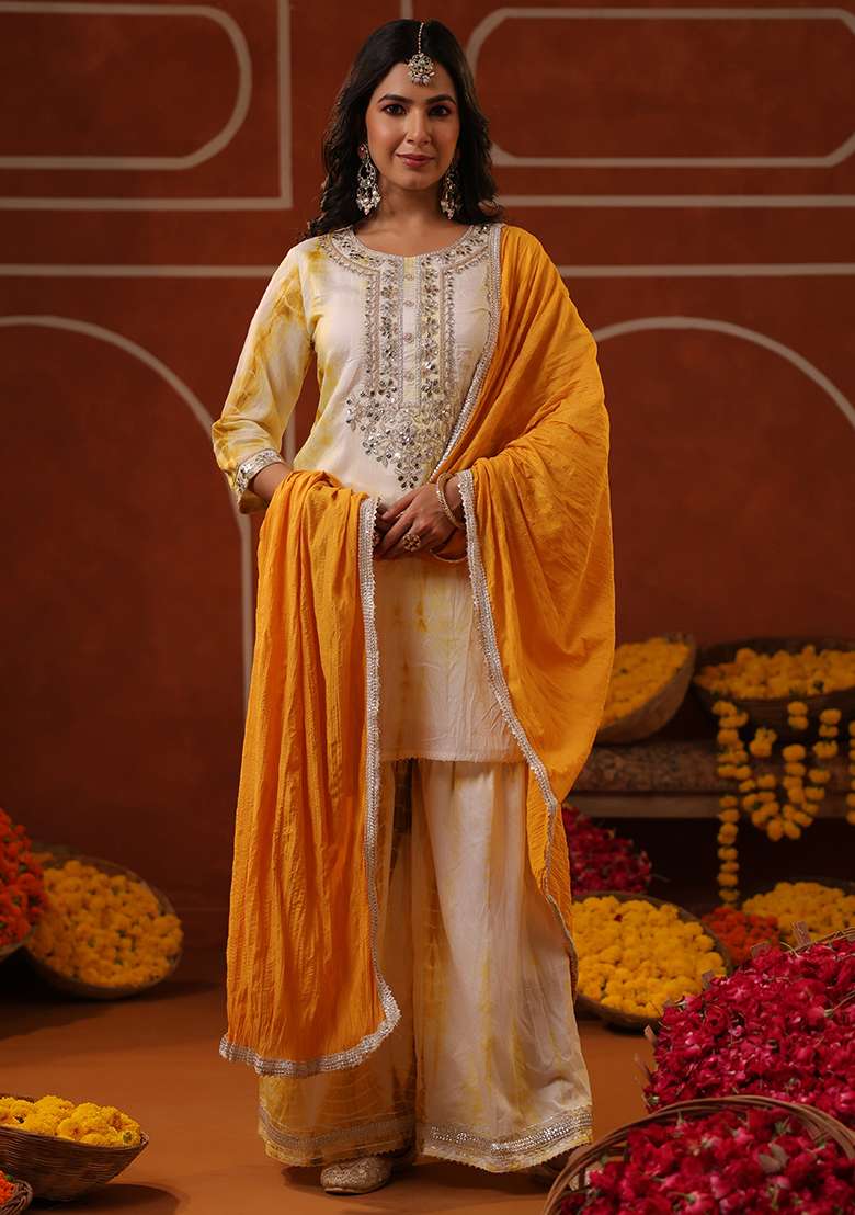 Mustard Embroidered Silk Blend Sharara Set - Indya
