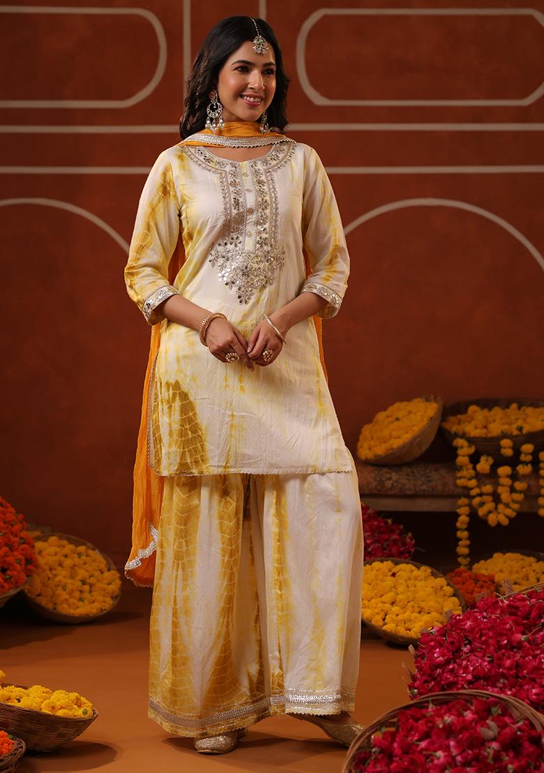 Mustard Embroidered Chanderi Silk Sharara Set With Dupatta - Indya