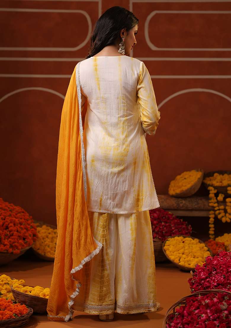 Mustard Embroidered Silk Blend Sharara Set - Indya