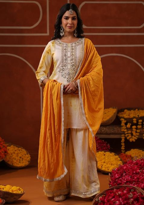 Mustard Embroidered Chanderi Silk Sharara Set With Dupatta