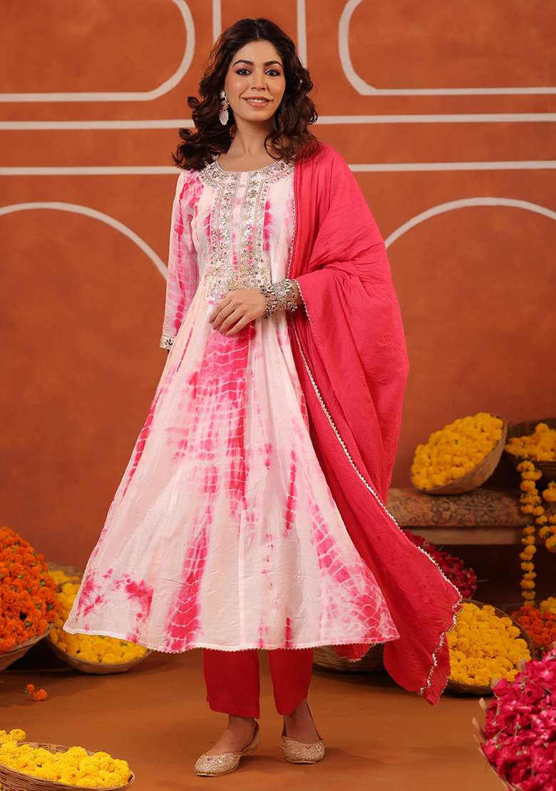 Fuchsia Tie And Dye Silk Blend Anarkali With Dupatta - Indya
