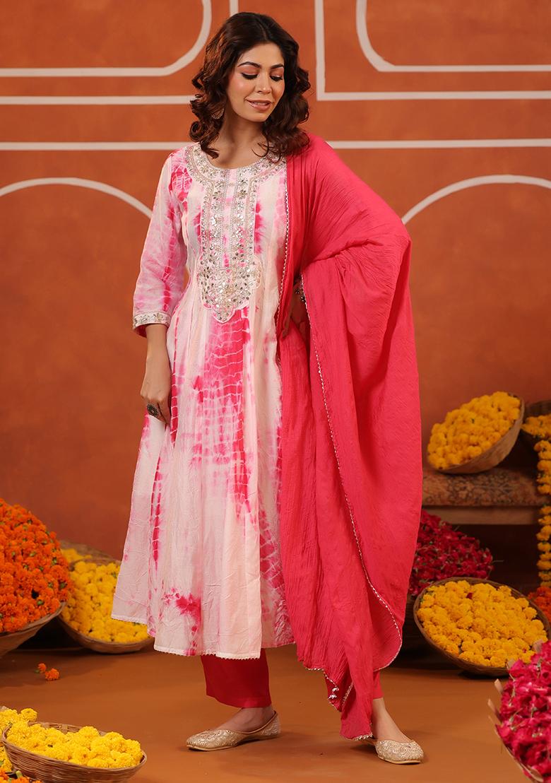 Fuchsia Embroidered Chanderi Silk Anarkali Set With Dupatta - Indya
