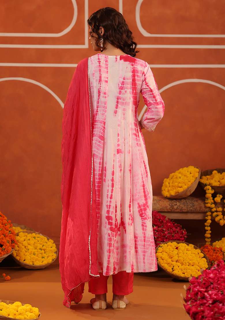Fuchsia Tie And Dye Silk Blend Anarkali With Dupatta - Indya