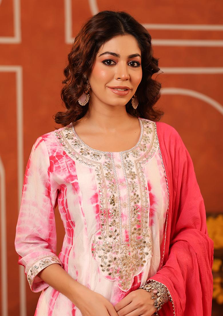 Fuchsia Embroidered Chanderi Silk Anarkali Set With Dupatta - Indya