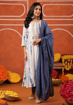Indigo Embroidered Chanderi Silk Anarkali Set With Dupatta