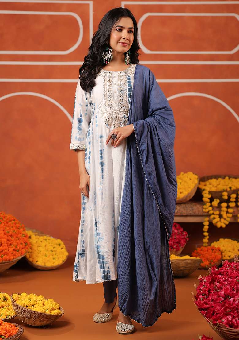 Indigo Tie And Dye Silk Blend Straight Kurta Set - Indya