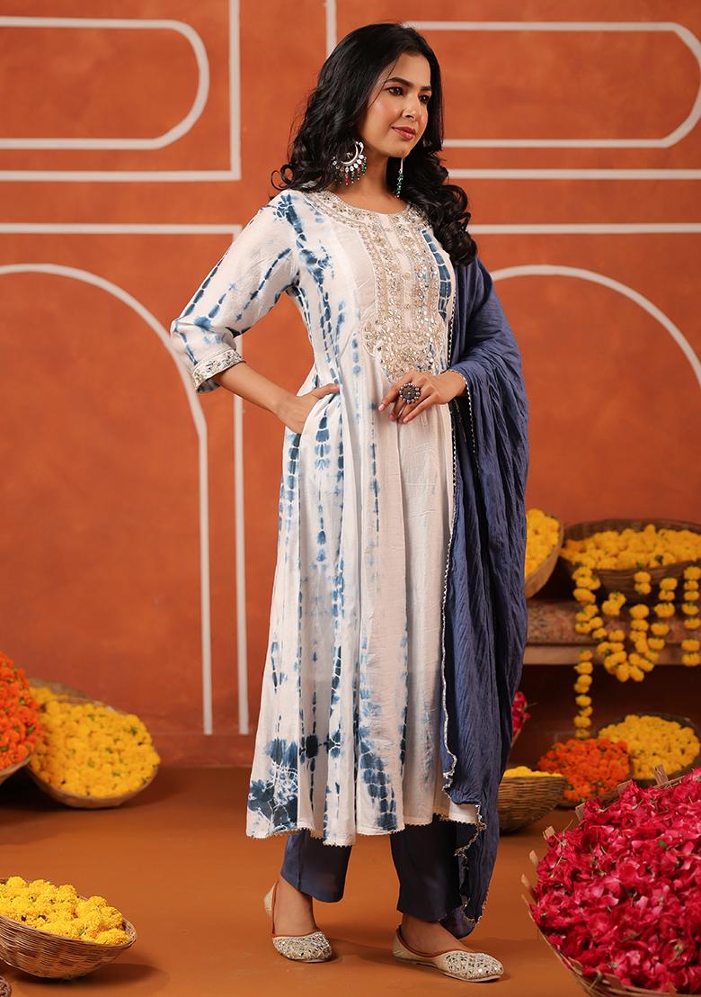 Indigo Embroidered Chanderi Silk Anarkali Set With Dupatta - Indya