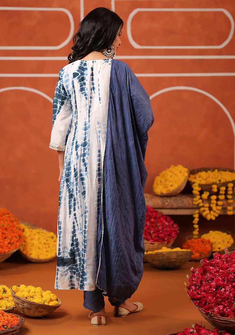 Indigo Tie And Dye Silk Blend Straight Kurta Set - Indya