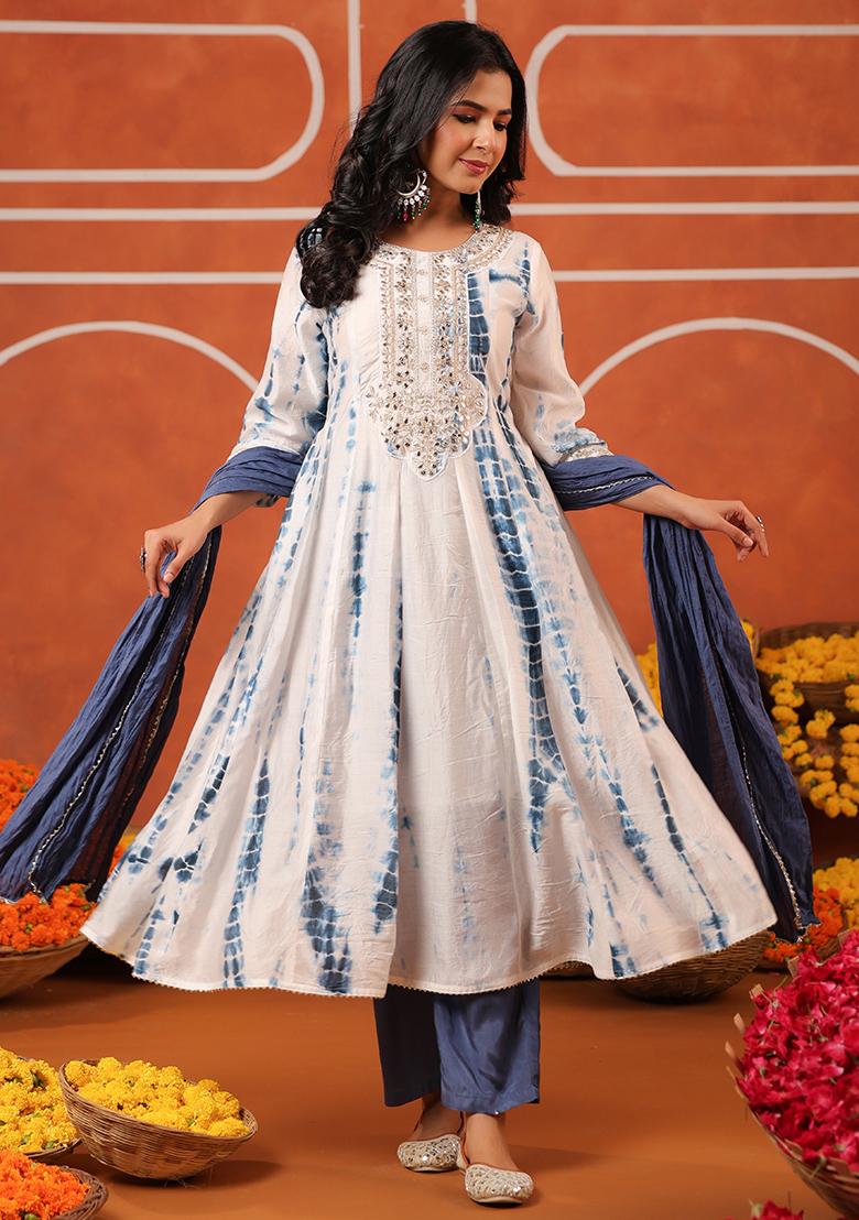 Indigo Embroidered Chanderi Silk Anarkali Set With Dupatta - Indya