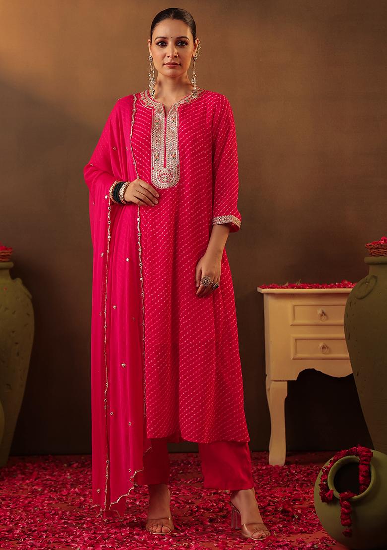 Fuchsia Embroidered Georgette Anarkali Set With Dupatta - Indya