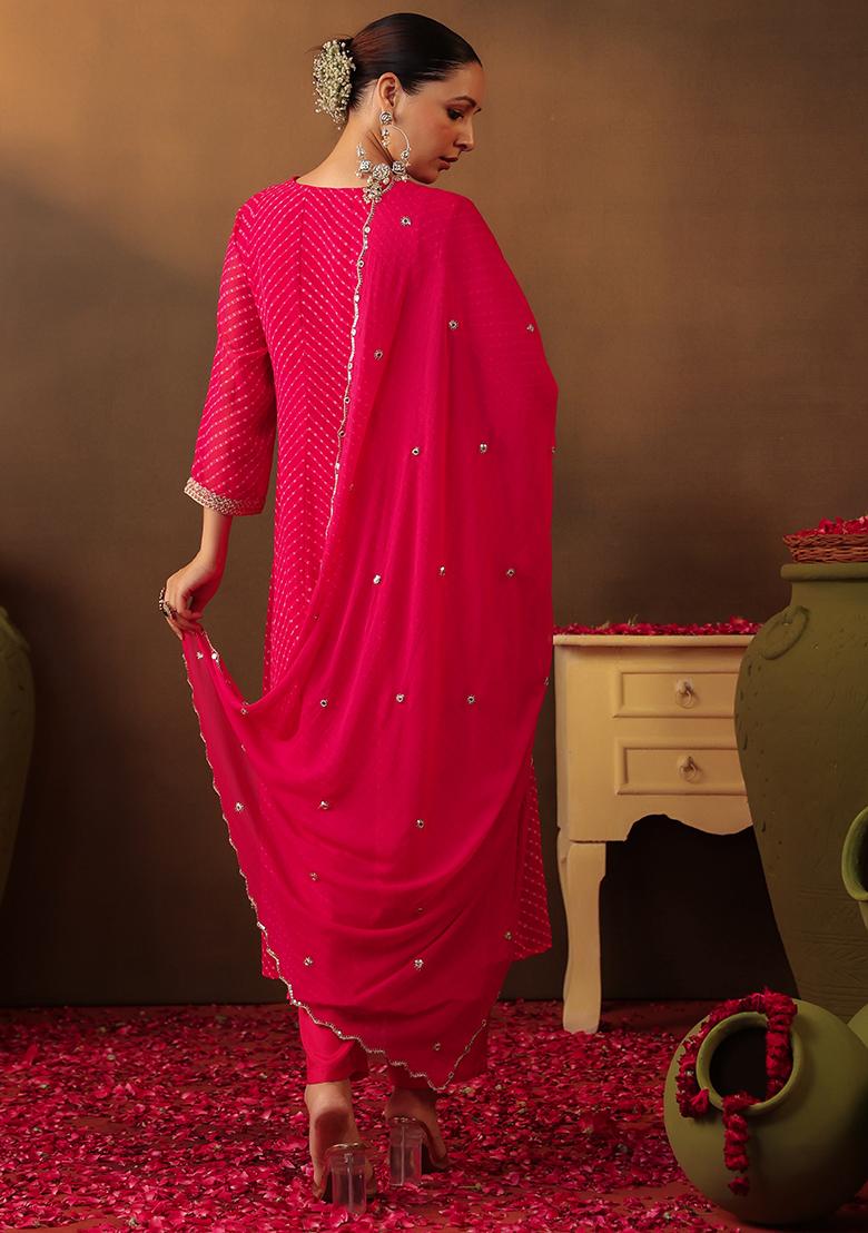 Fuchsia Embroidered Georgette Anarkali Set With Dupatta - Indya
