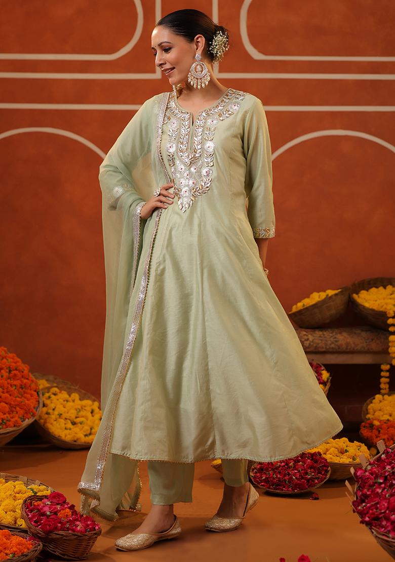 Pista Green Gota Work Chanderi Silk Anarkali Set With Dupatta - Indya