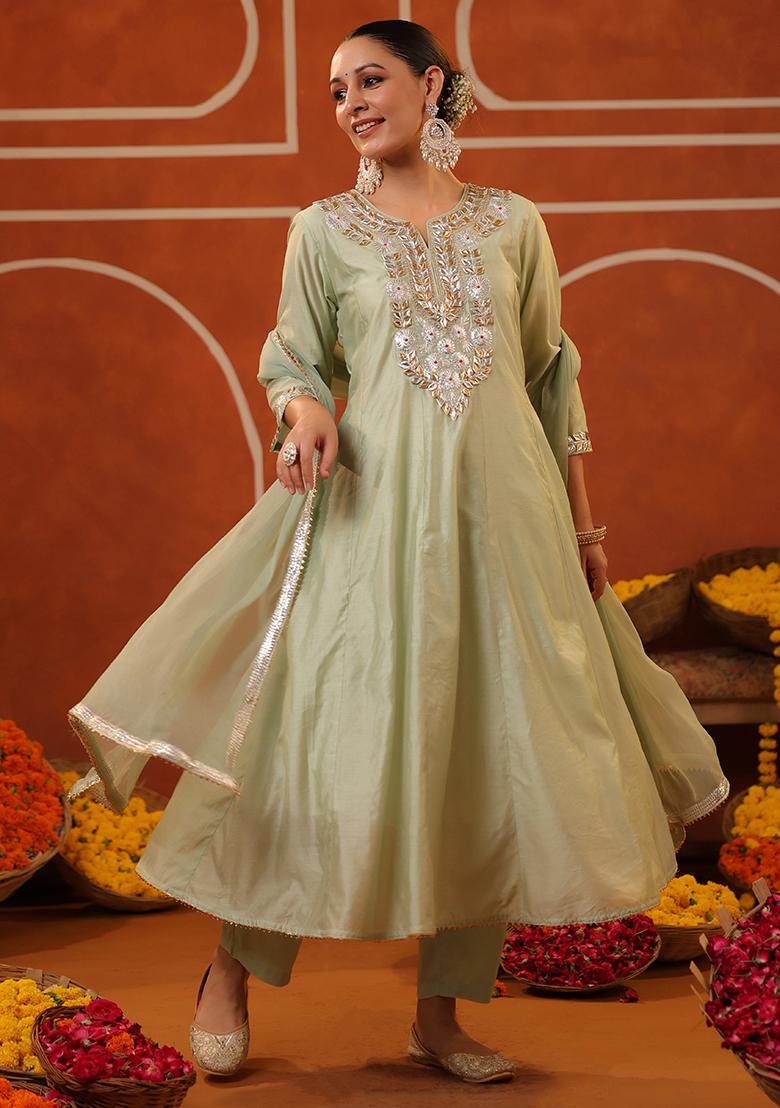 Pista Green Gota Work Chanderi Silk Anarkali Set With Dupatta - Indya