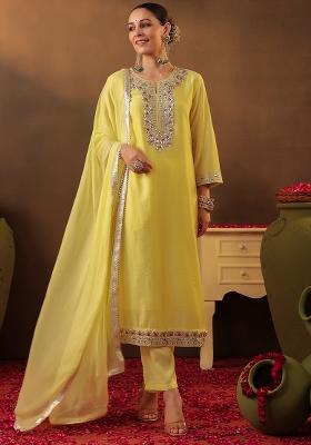 Yellow Gota Work Chanderi Silk Kurta Set With Dupatta