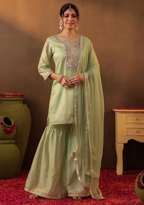 Pista Green Gota Work Chanderi Silk Sharara Set With Dupatta