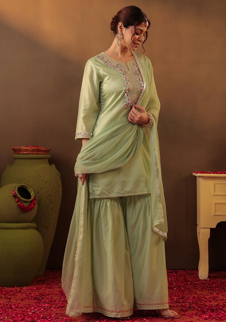 Pista Green Gota Work Chanderi Silk Sharara Set With Dupatta - Indya