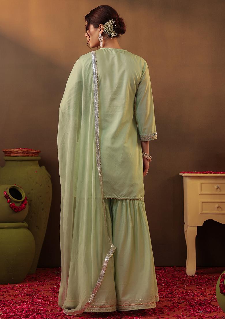 Pista Green Gota Work Chanderi Silk Sharara Set With Dupatta - Indya