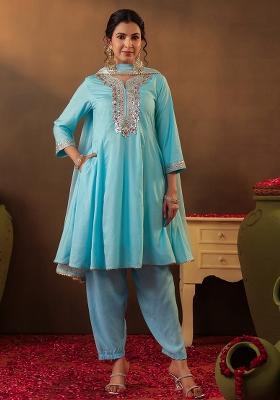 Aqua Gota Patti Work Chanderi Silk Anarkali Set With Dupatta