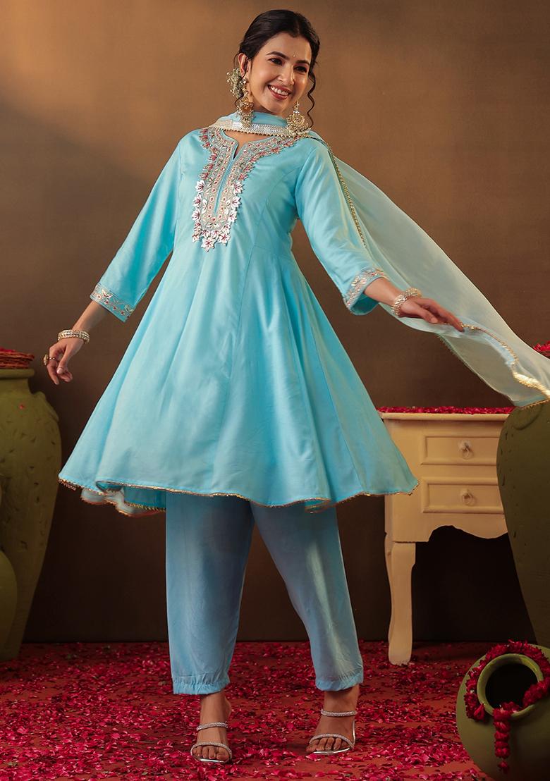 Aqua Gota Patti Work Chanderi Silk Anarkali Set With Dupatta - Indya