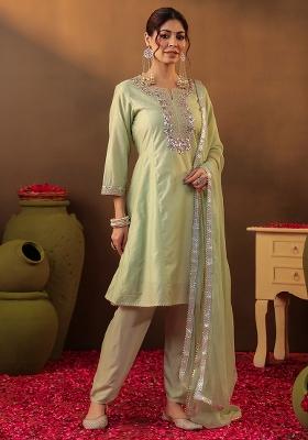 Pista Green Gota Patti Work Chanderi Silk Anarkali Set With Dupatta
