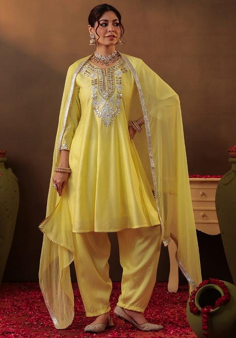 Yellow Gota Patti Work Chanderi Silk Anarkali With Dupatta