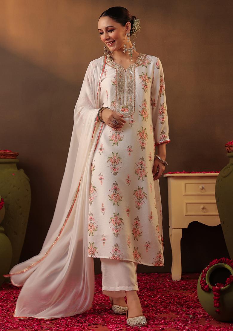 Ivory Floral Chanderi Silk Kurta Set With Dupatta - Indya