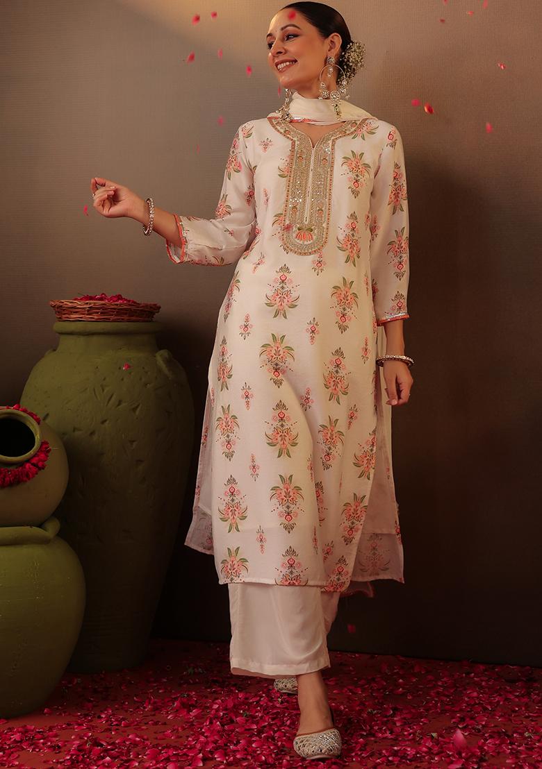 Ivory Floral Chanderi Silk Kurta Set With Dupatta - Indya