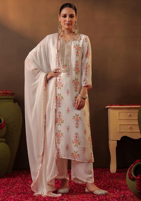 Ivory Floral Chanderi Silk Kurta Set With Dupatta