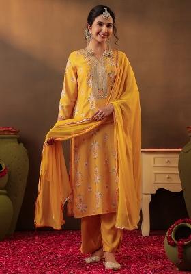 Mustard Floral Chanderi Silk Kurta Set With Dupatta